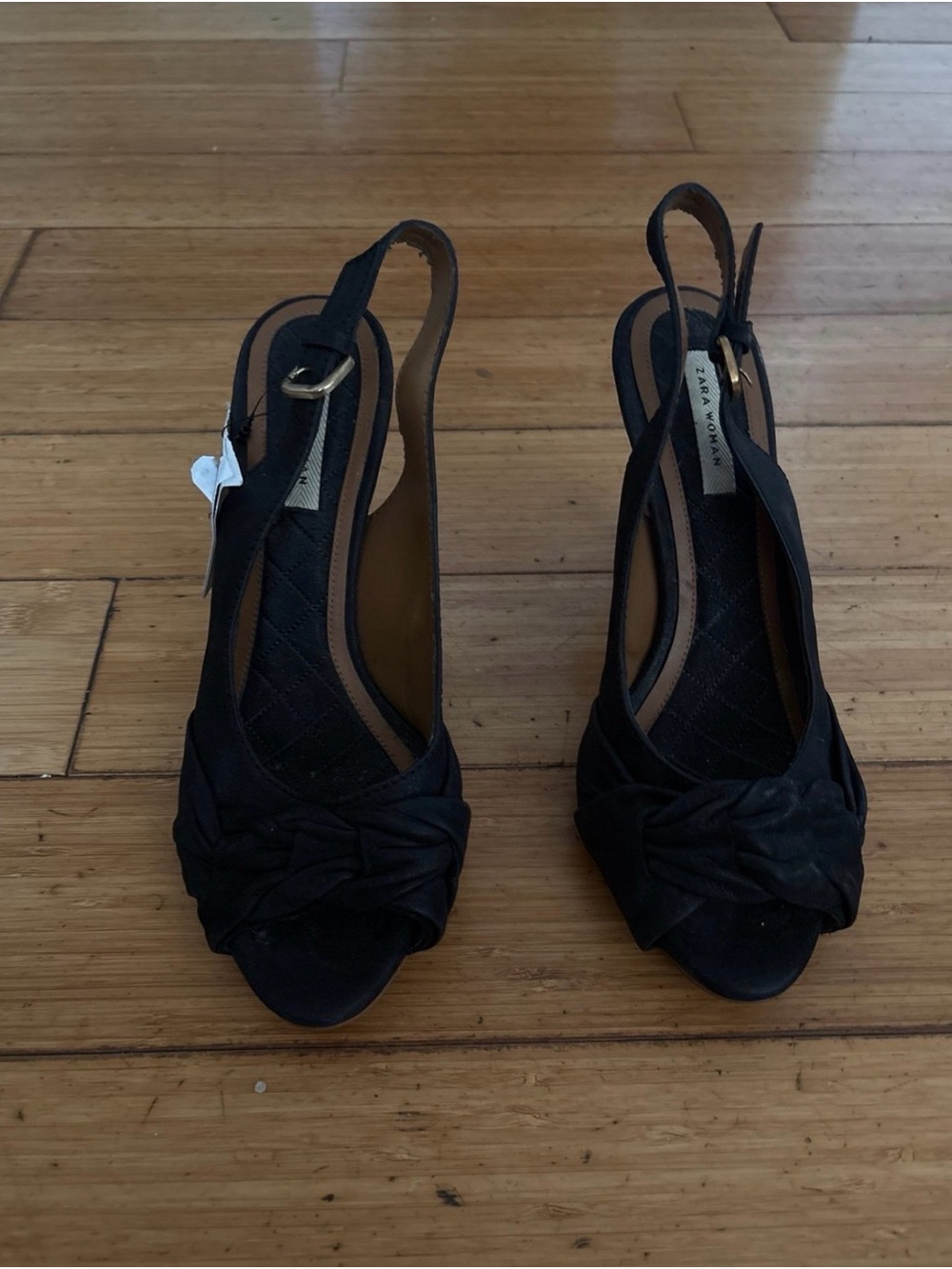 Zara Black Knotted Slingback Peep-Toe Heels